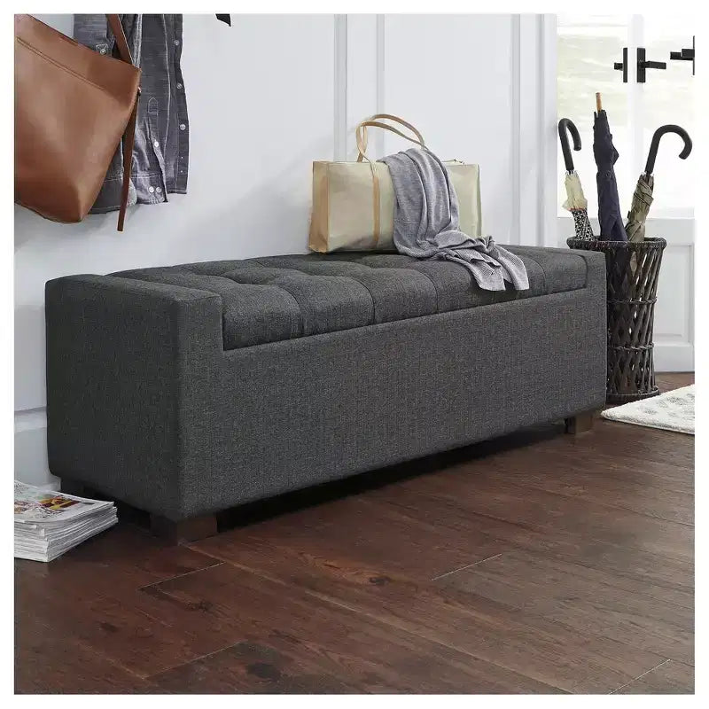 Banc de rangement – Rembourré en polyester gris avec coussin capitonné