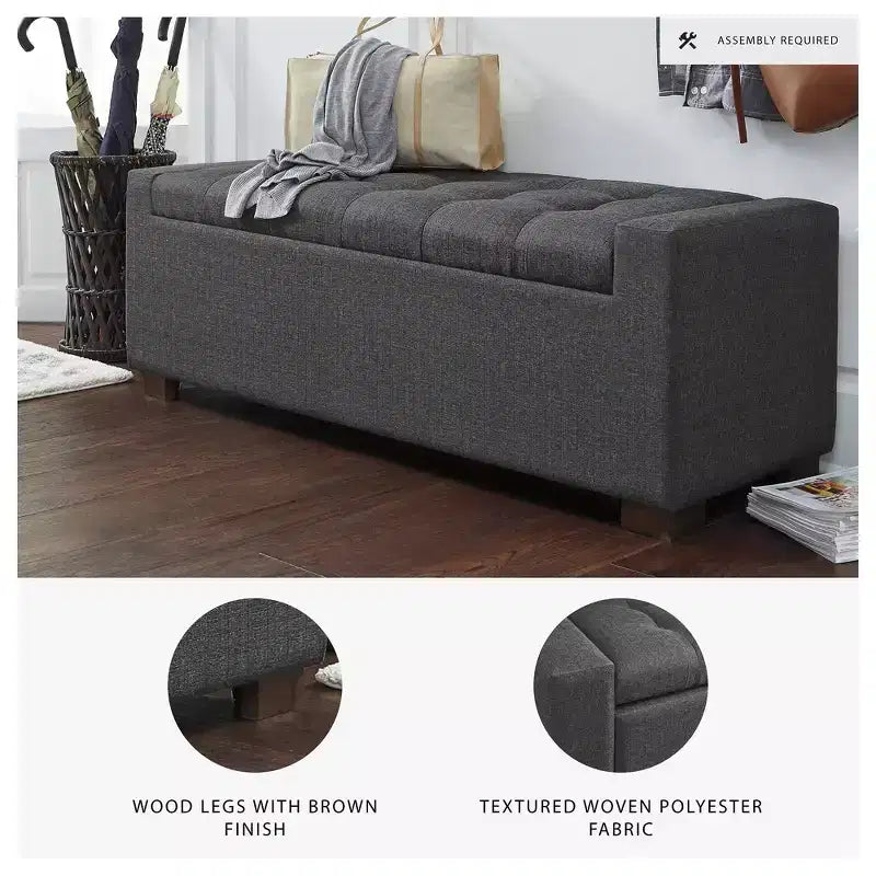 Banc de rangement – Rembourré en polyester gris avec coussin capitonné