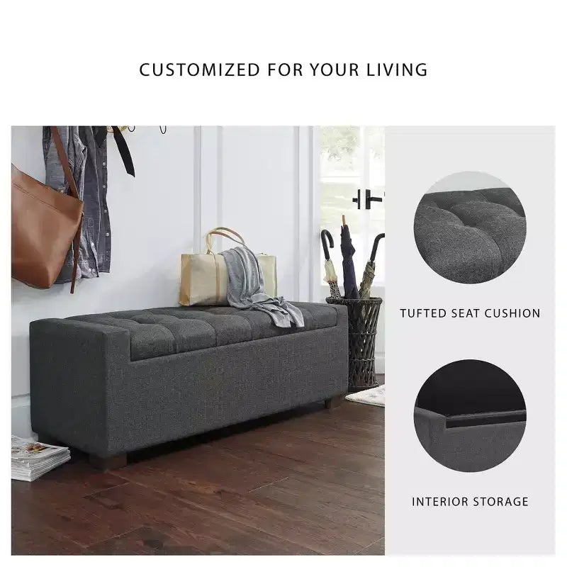 Banc de rangement – Rembourré en polyester gris avec coussin capitonné