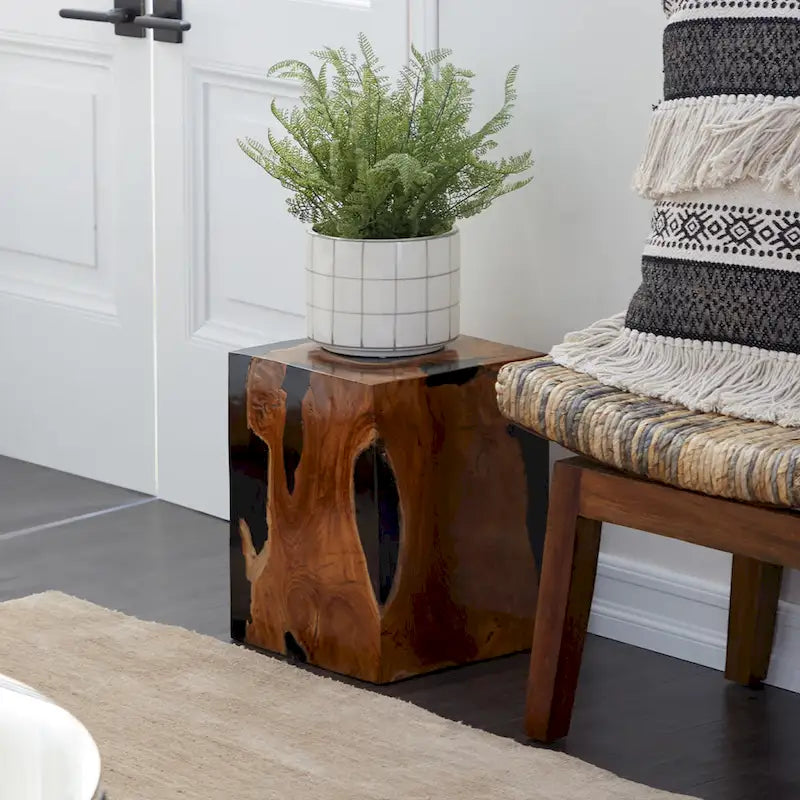 Teak Wood Block Accent Table with Black Resin Inlay - Brown - Roche River Decor - 11Wx12Lx15H