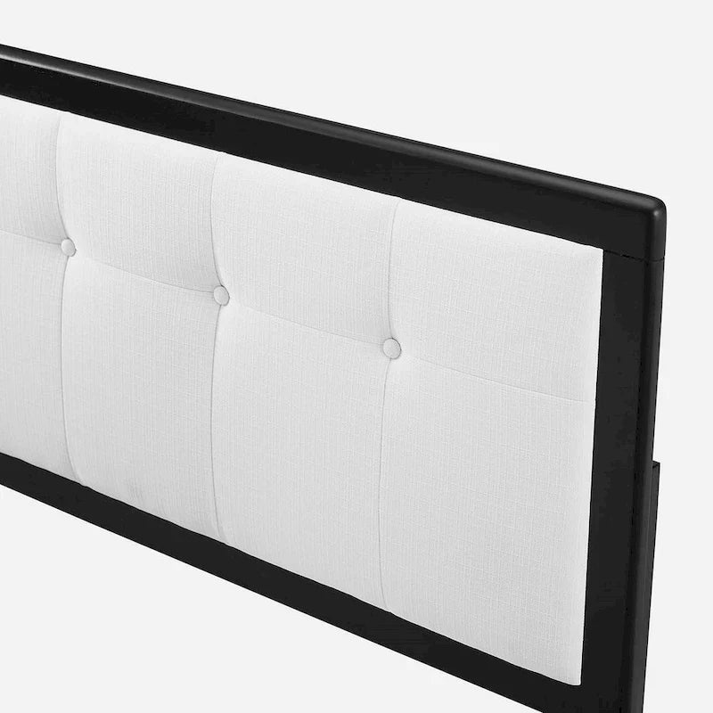 Marlin Traditional White Fabric Button Tufted Queen Size Black Wooden Headboard