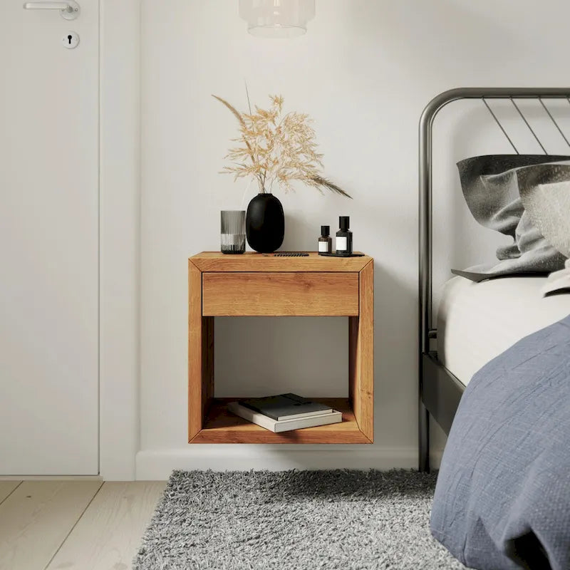 Set of 2 - Handmade Solid Oak Floating Nightstands with Drawer, Side Tables