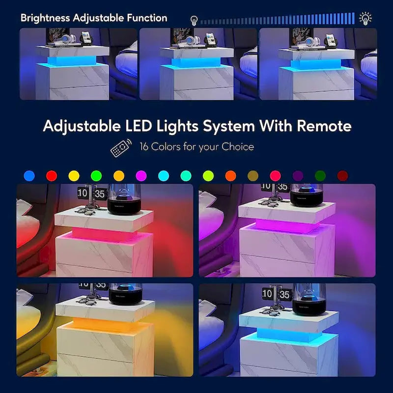 2 Drawers Nightstand with LED Lights
