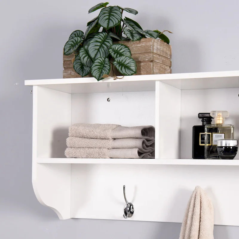 Wall Mounted Coat Rack W/ 4 Dual Hooks, Wood Storage Shelf Small Space