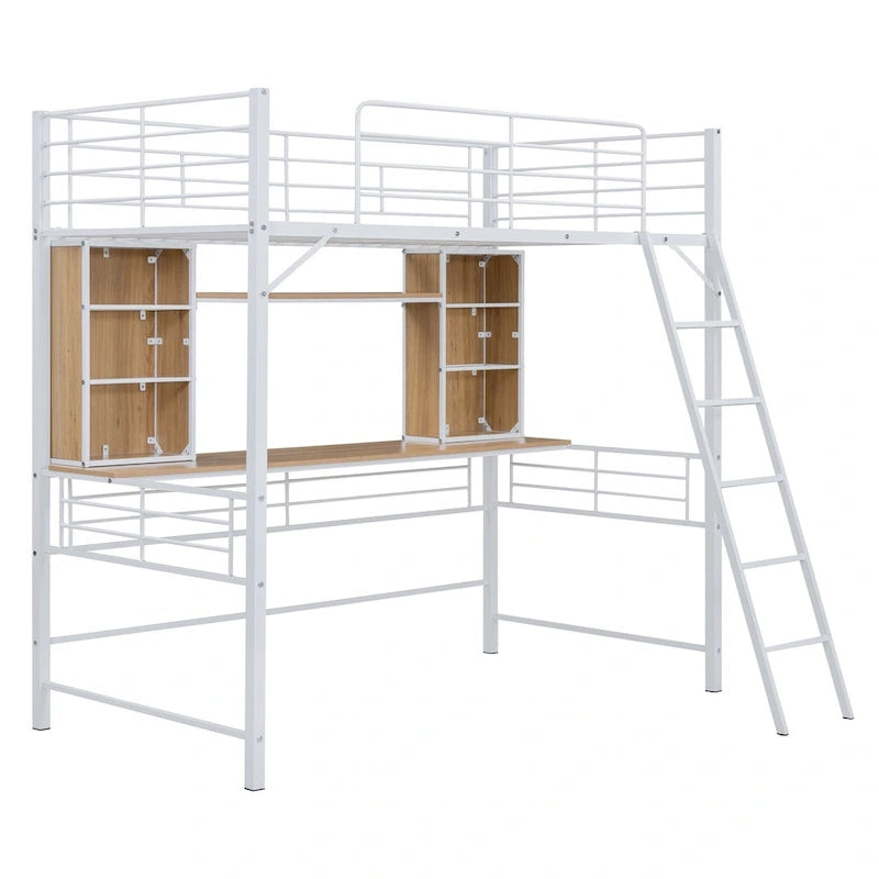Twin Size Loft Bed with Desk and Shelf , Loft Bed with Ladder,Twin,Black