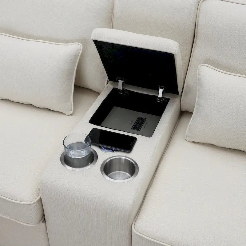 Modern Linen Fabric Upholstered Sofa with Console, 4Pillows,Cupholders,USB