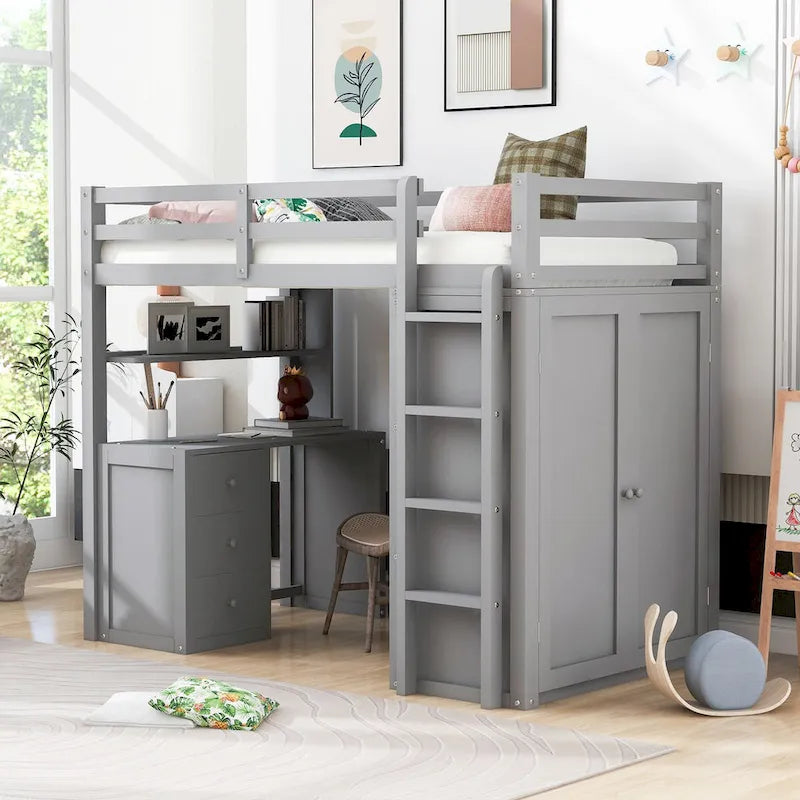 Multi-functional Pine Loft Bed with Desk, Wardrobe, Drawers, Shelves