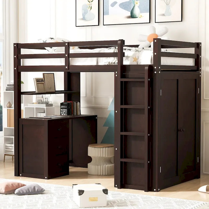 Multi-functional Pine Loft Bed with Desk, Wardrobe, Drawers, Shelves