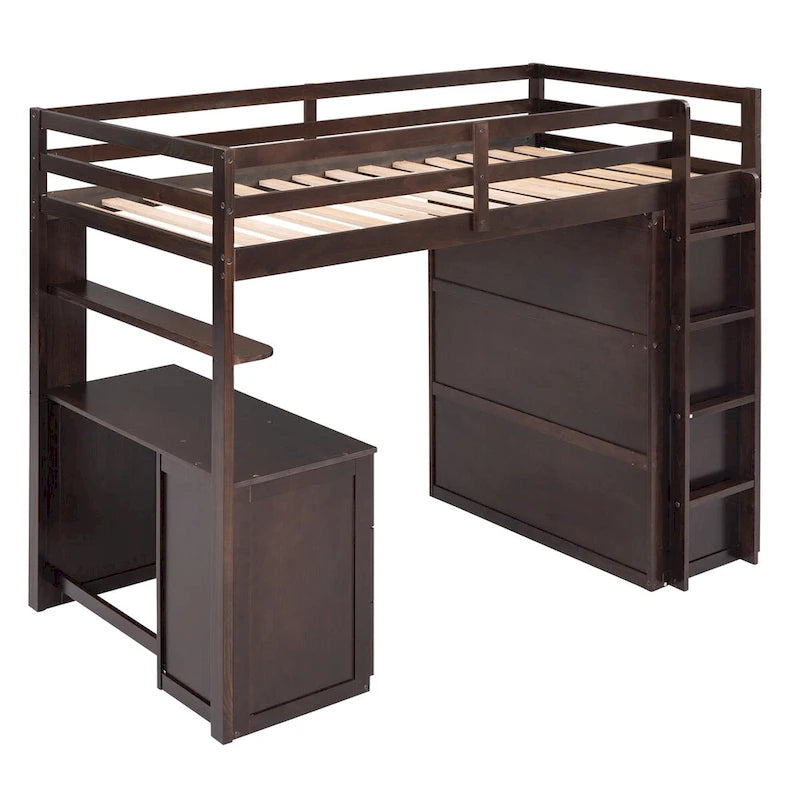 Multi-functional Pine Loft Bed with Desk, Wardrobe, Drawers, Shelves