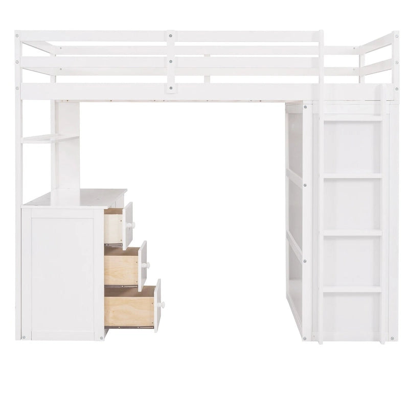 Multi-functional Pine Loft Bed with Desk, Wardrobe, Drawers, Shelves
