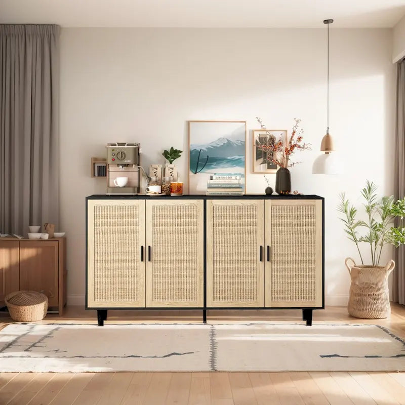 Functional 4 Door Rattan Decorative Storage Cabinet