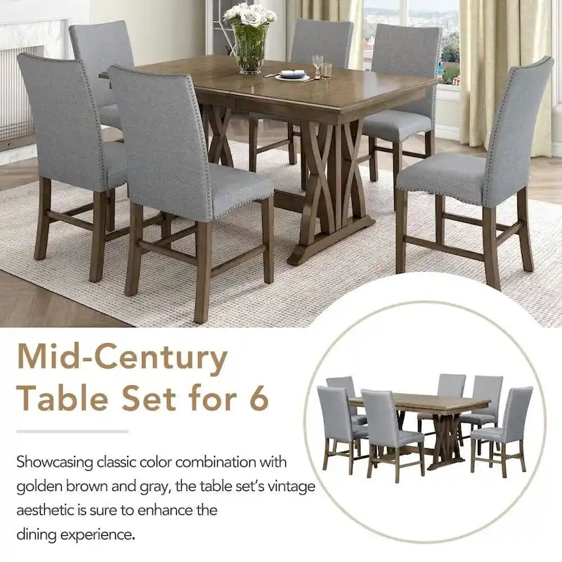 7-Piece Dining Table Set Extendable Kitchen Table Set with Upholstered Chairs,Grey