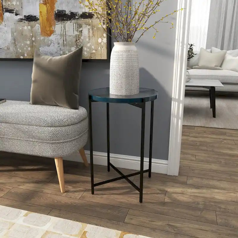 Metal X-Shaped Side End Accent Table with Textured Glass Tabletop - Gold or Black- Roche River Decor